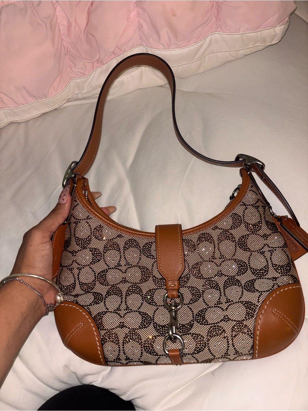 Coach Brown Signature Jacquard Shoulder Bag with Leather Trim